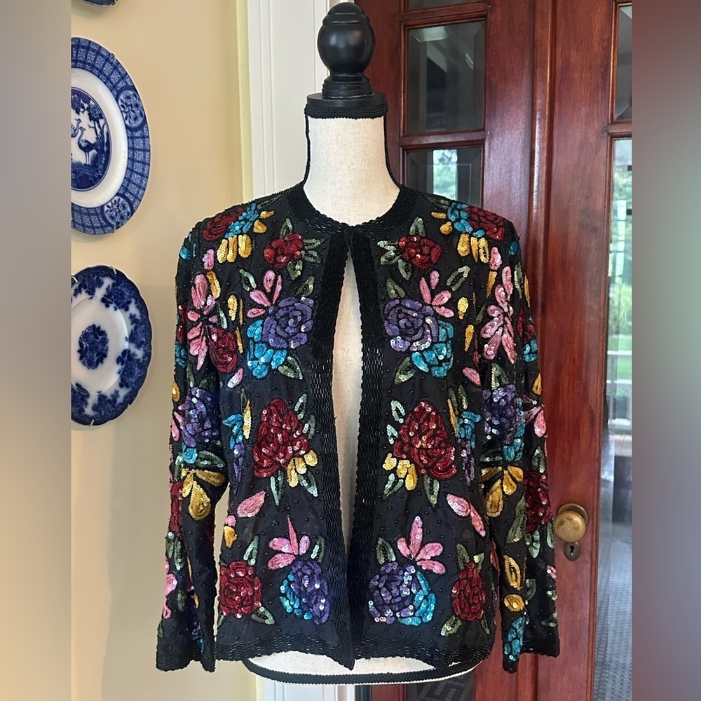 SCALA | Vintage Colorful Silk Floral Sequin and Beaded Jacket